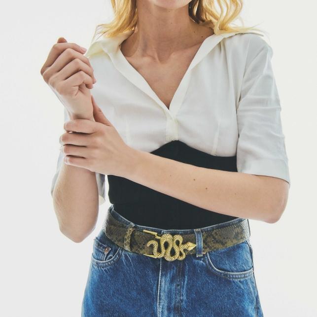 Claris Virot Ceinture Python Snake Kaki Boucle Dorée