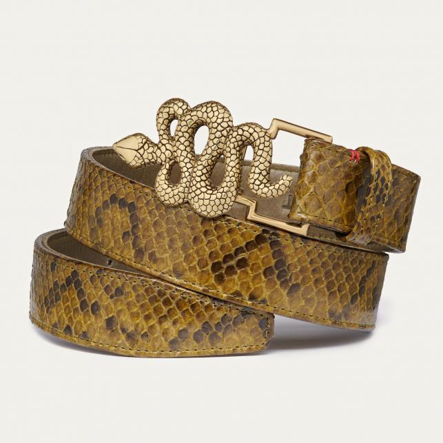 claris virot Ceinture Python Snake Kaki Boucle Dorée