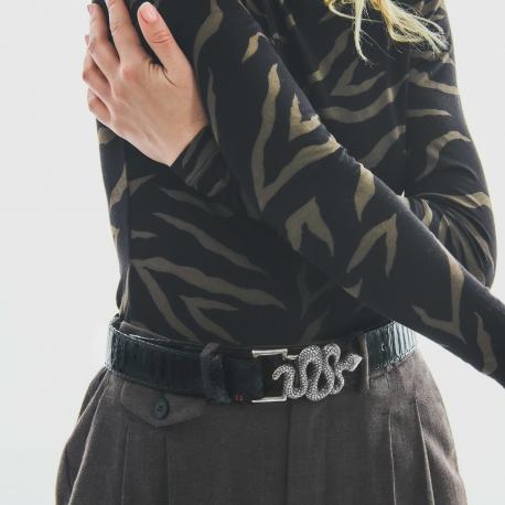 Claris Virot Ceinture Python Snake Noire Boucle Argent
