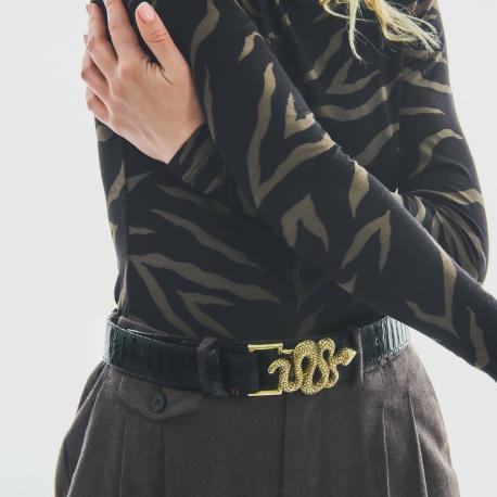 Claris Virot Ceinture Python Snake Noire Boucle Or