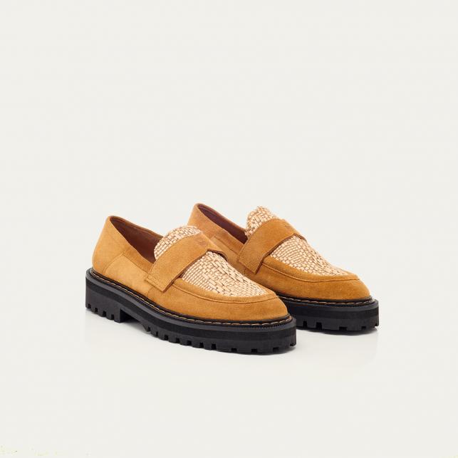 Claris Virot Mocassin Cuir Mia Pecan Et Raphia