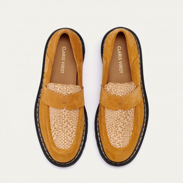 Claris Virot Mocassin Cuir Mia Pecan Et Raphia