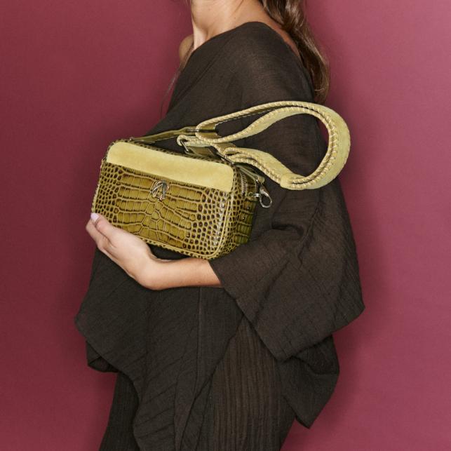Claris Virot Sac Cuir Embossé Croco Lily Kaki