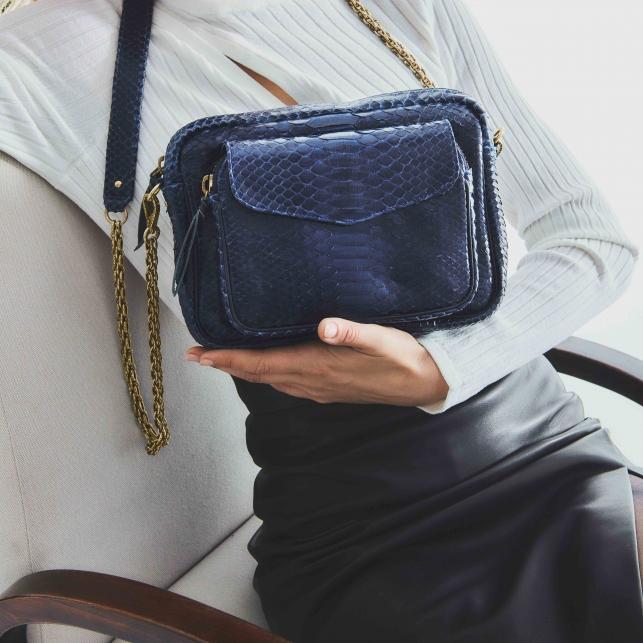 Claris Virot Sac Python Big Charly Navy Chaîne Or