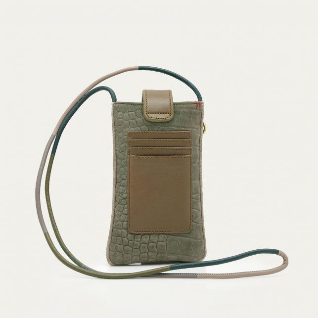 Claris Virot Etui à Telephone Cuir Double Embossé Croco Gris Perle