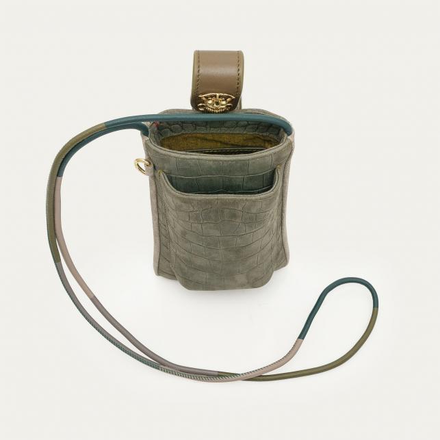 Claris Virot Etui à Telephone Cuir Double Embossé Croco Gris Perle