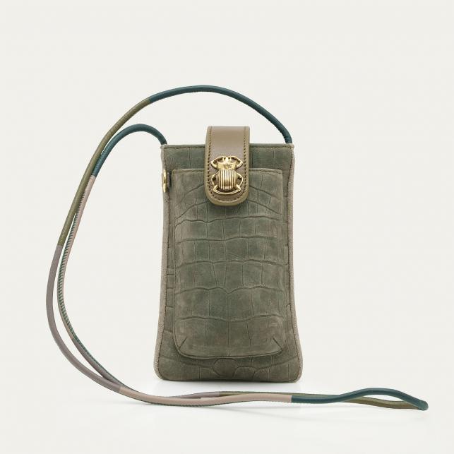 claris virot Etui à Telephone Cuir Double Embossé Croco Gris Perle