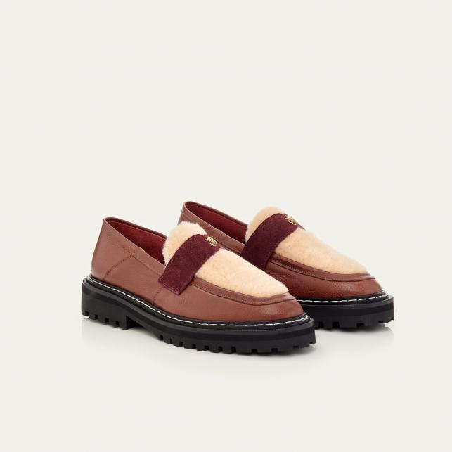 Claris Virot Mocassin Cuir Mia Ecorce Et Peau Lainée Crème