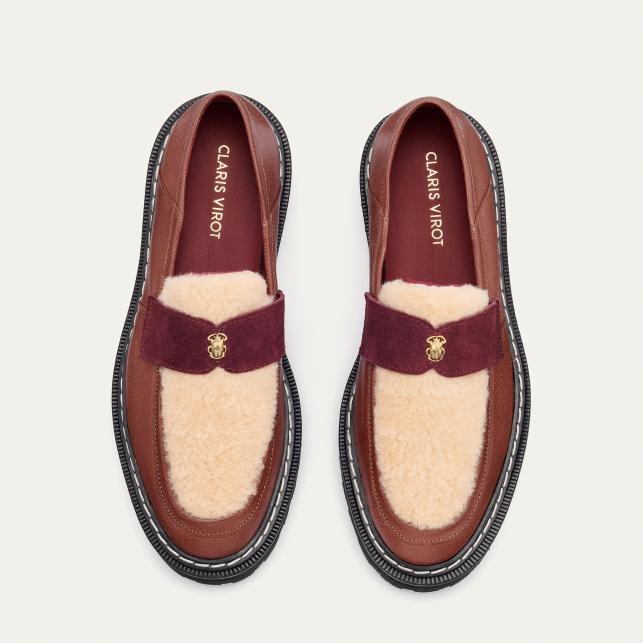Claris Virot Mocassin Cuir Mia Ecorce Et Peau Lainée Crème