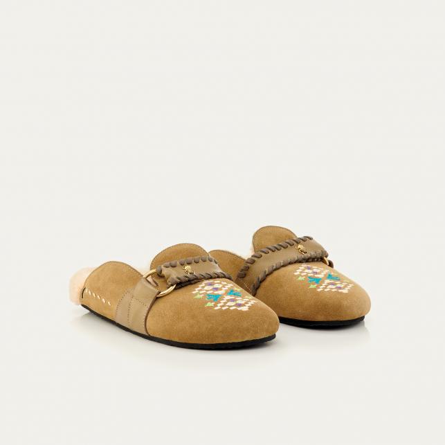 Claris Virot Mules Georgette Cuir Olive Brodé Et Peau Lainée