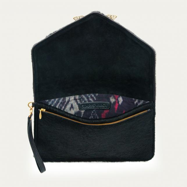 Claris Virot Pochette Cuir Alicia Noir Façon Astrakan