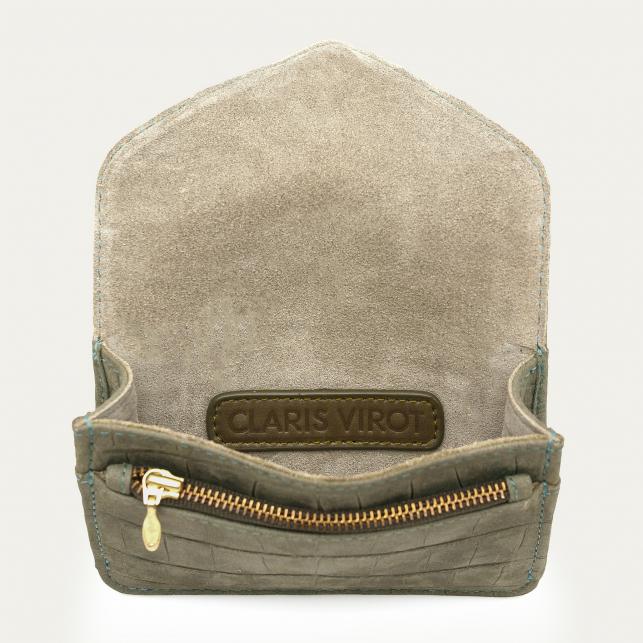 Claris Virot Porte Cartes Cuir Alex Embossé Croco Gris Perle