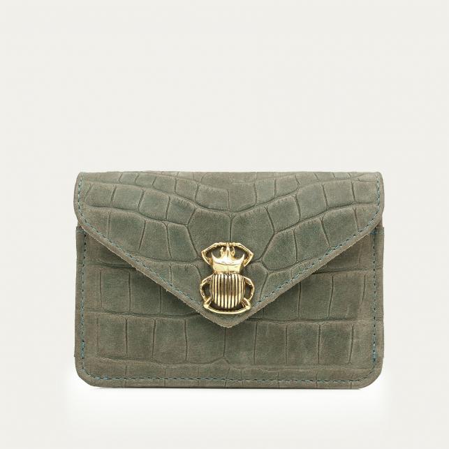 claris virot Porte Cartes Cuir Alex Embossé Croco Gris Perle