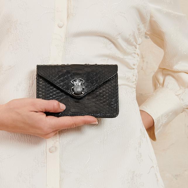 Claris Virot Porte Cartes Python Alex Noir Scarabée Argent