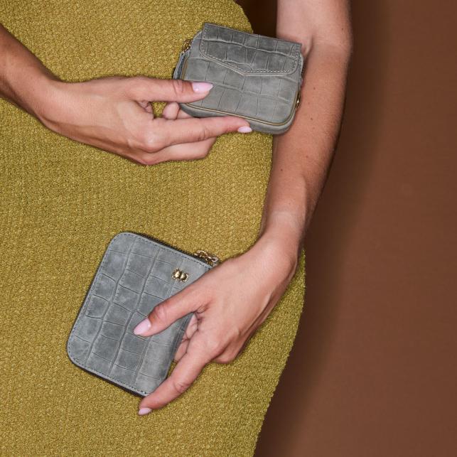 Claris Virot Porte-Monnaie Cuir Karl Embossé Croco Gris Perle