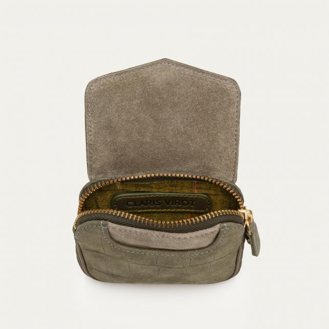 Claris Virot Porte-Monnaie Cuir Karl Embossé Croco Gris Perle