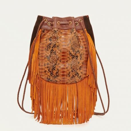 Claris Virot Sac à Franges Python Cheyenne Orange Brodé