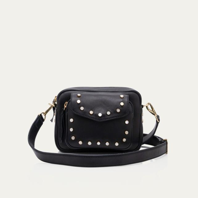 claris virot Sac Cuir Baby Charly Nappa Noir et Clous Nacrés