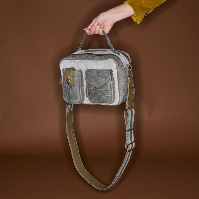 Claris Virot Sac Cuir César Embossé Croco Gris Perle
