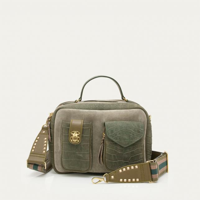 claris virot Sac Cuir César Embossé Croco Gris Perle