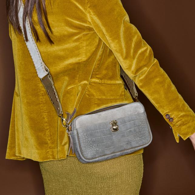 Claris Virot Sac Cuir Lily Embossé Croco Gris Perle