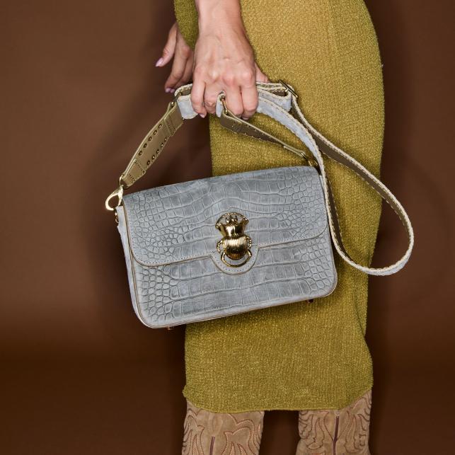 Claris Virot Sac Nubuck Big Ava Embossé Croco Gris Perle