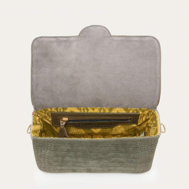 Claris Virot Sac Nubuck Big Ava Embossé Croco Gris Perle