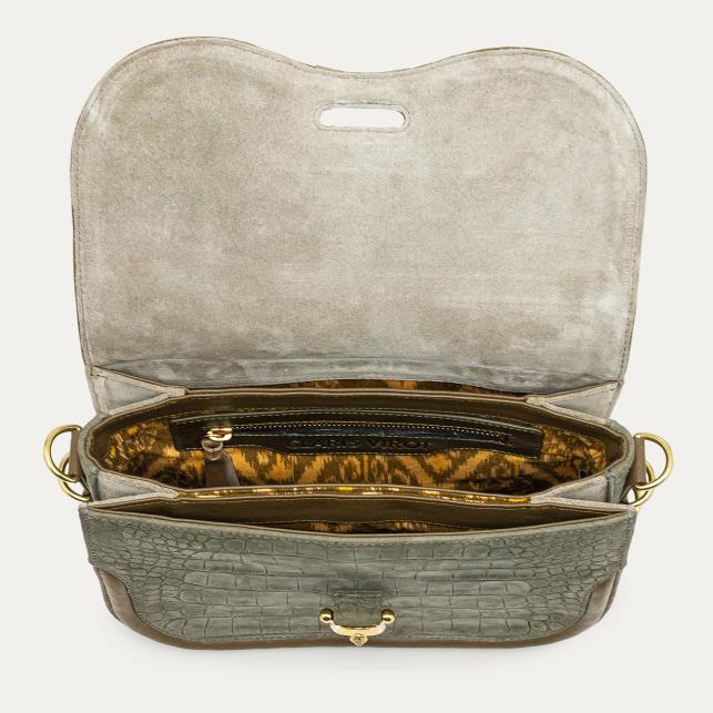 Claris Virot Sac Nubuck Manon Embossé Croco Gris Perle