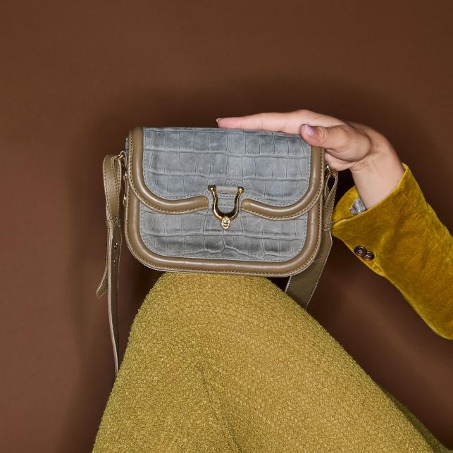 Claris Virot Sac Nubuck Mini Manon Embossé Croco Gris Perle - Claris Virot
