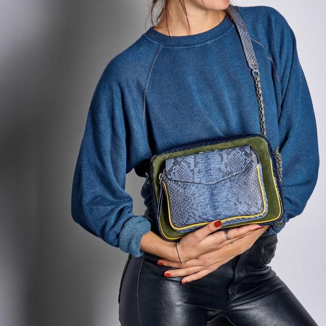 Claris Virot Sac Python Big Charly Tricolore Denim Chaîne