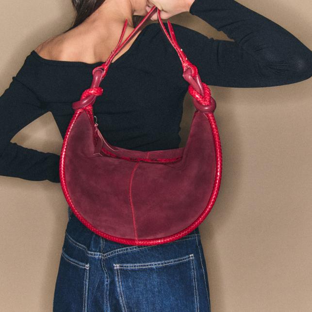 Claris Virot Sac Veau Velours Et Python Chris Bordeaux Et Rubis