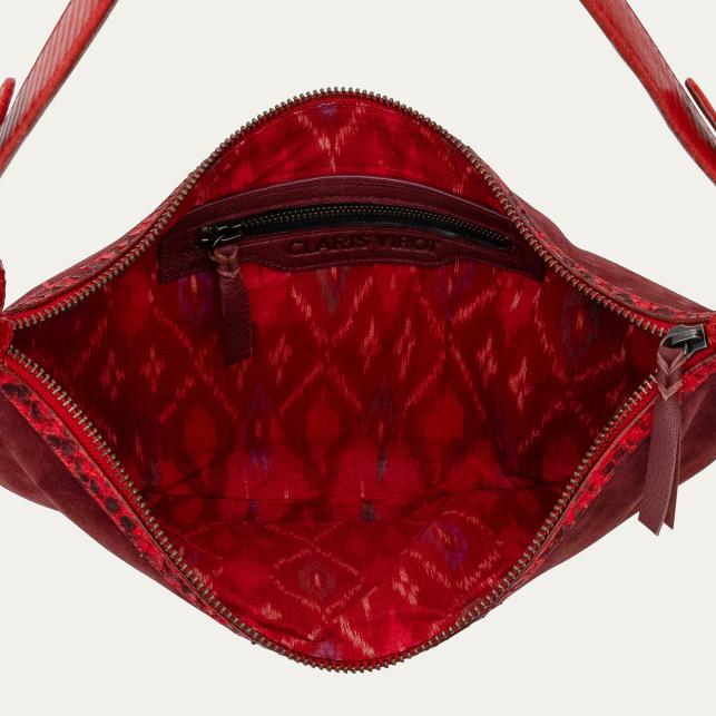 Claris Virot Sac Veau Velours Et Python Chris Bordeaux Et Rubis