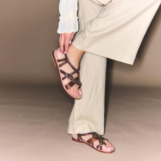 Claris Virot Sandales Cuir Et Cobra Hariette Marron