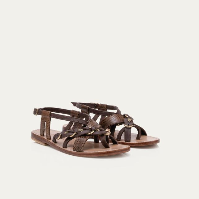 Claris Virot Sandales Cuir Et Cobra Hariette Marron