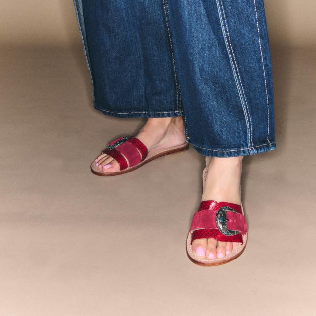 Claris Virot Sandales Veau Velours Et Cobra Violette Rouge Bordeaux