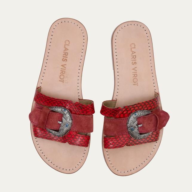 Claris Virot Sandales Veau Velours Et Cobra Violette Rouge Bordeaux