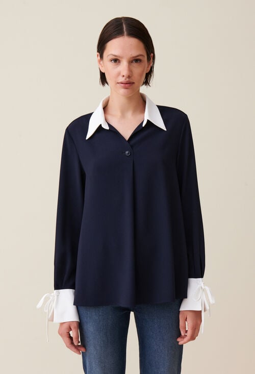 Claudie Blouse Fluide Marine Col Contrasté Pour Femme