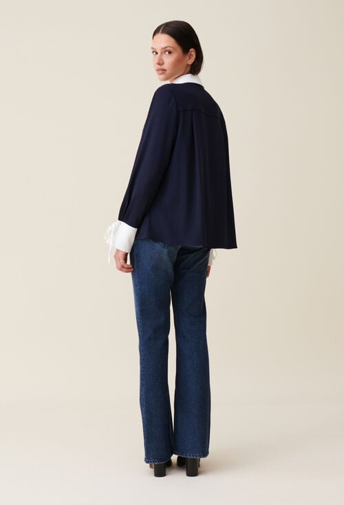 Claudie Blouse Fluide Marine Col Contrasté Pour Femme