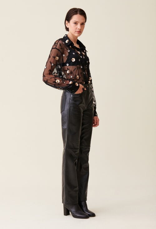 Claudie Chemise Noire Transparente Brodée Pour Femme