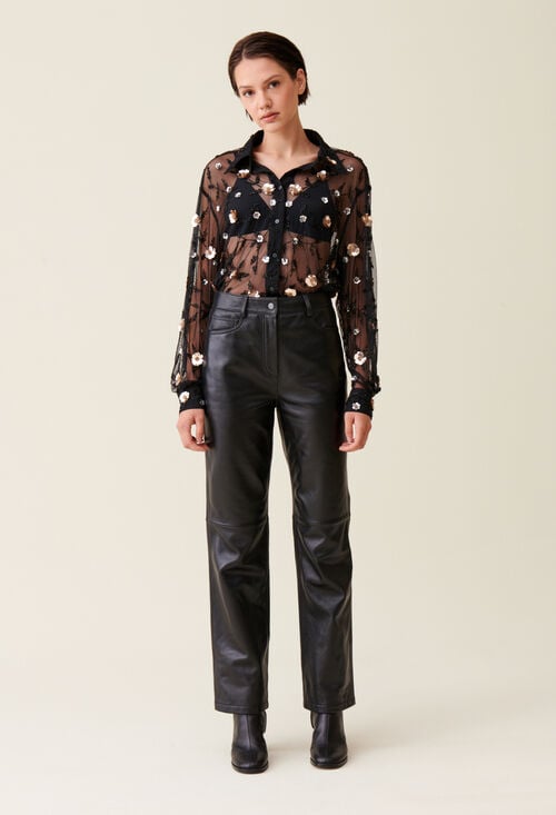 Claudie Chemise Noire Transparente Brodée Pour Femme