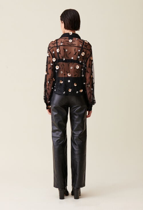 Claudie Chemise Noire Transparente Brodée Pour Femme