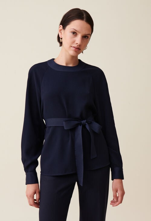 Claudie Blouse Fluide Ceinturée Marine Pour Femme