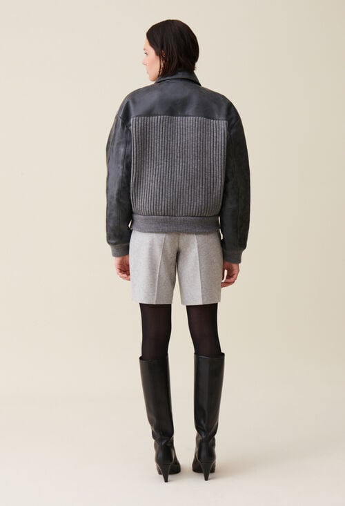 Claudie Bomber Cuir Bi Matière Gris Pour Femme