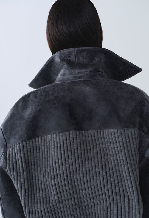 Claudie Bomber Cuir Bi Matière Gris Pour Femme