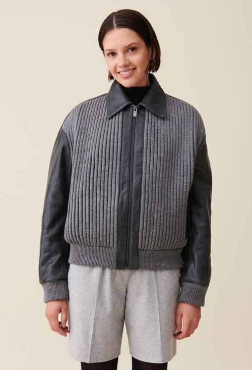 claudie Bomber cuir bi matière gris pour femme