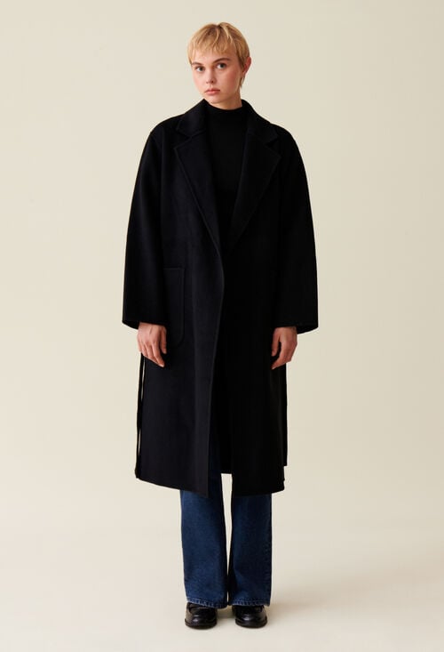 Claudie Manteau Long Ceinturé Noir Pour Femme