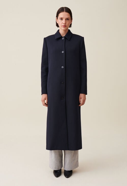 Claudie Manteau Long Coupe Droite Bleu Pour Femme