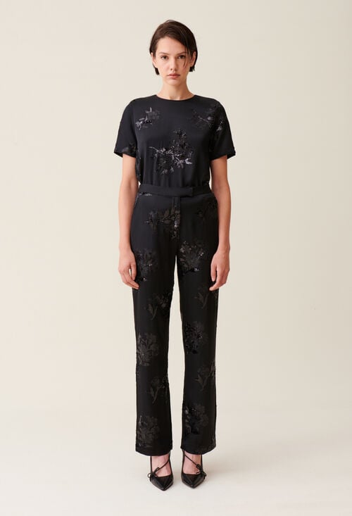 Claudie Pantalon Sequins Brodés Noir Pour Femme