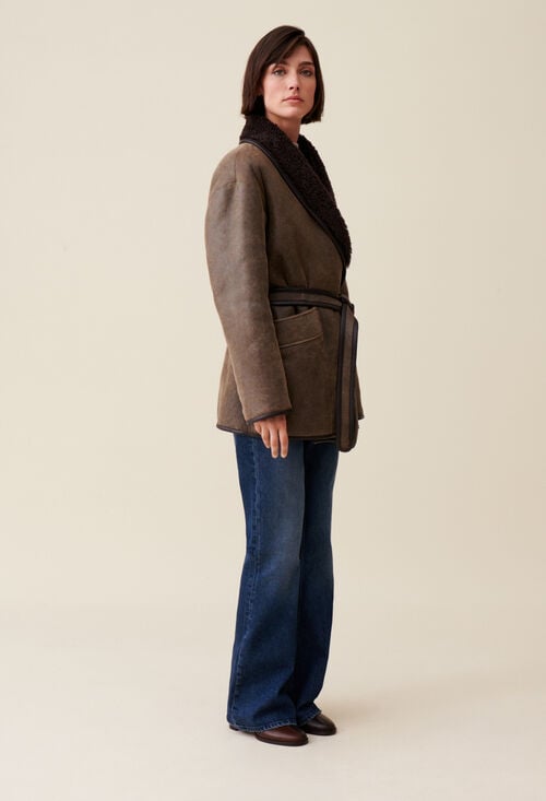 Claudie Peau Lainée Ceinturée Taupe Pour Femme