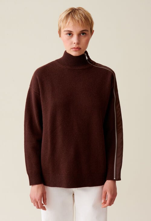 Claudie Pull Col Montant Zippé Marron Pour Femme